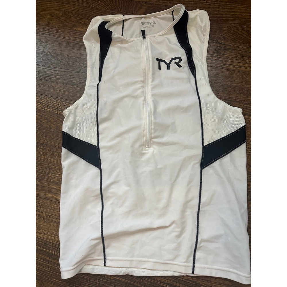 TYR Mens Triathlon Tank Top Jersey White Black Quarter Zip Rear Pockets Size L